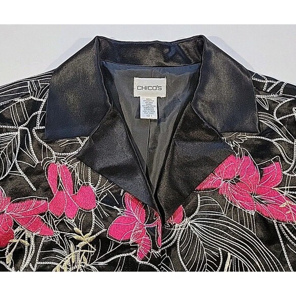 Chico's Silk Blend Jacket Pink Floral Embroidered Cropped Chico’s Size 1 US Med - Picture 3 of 14